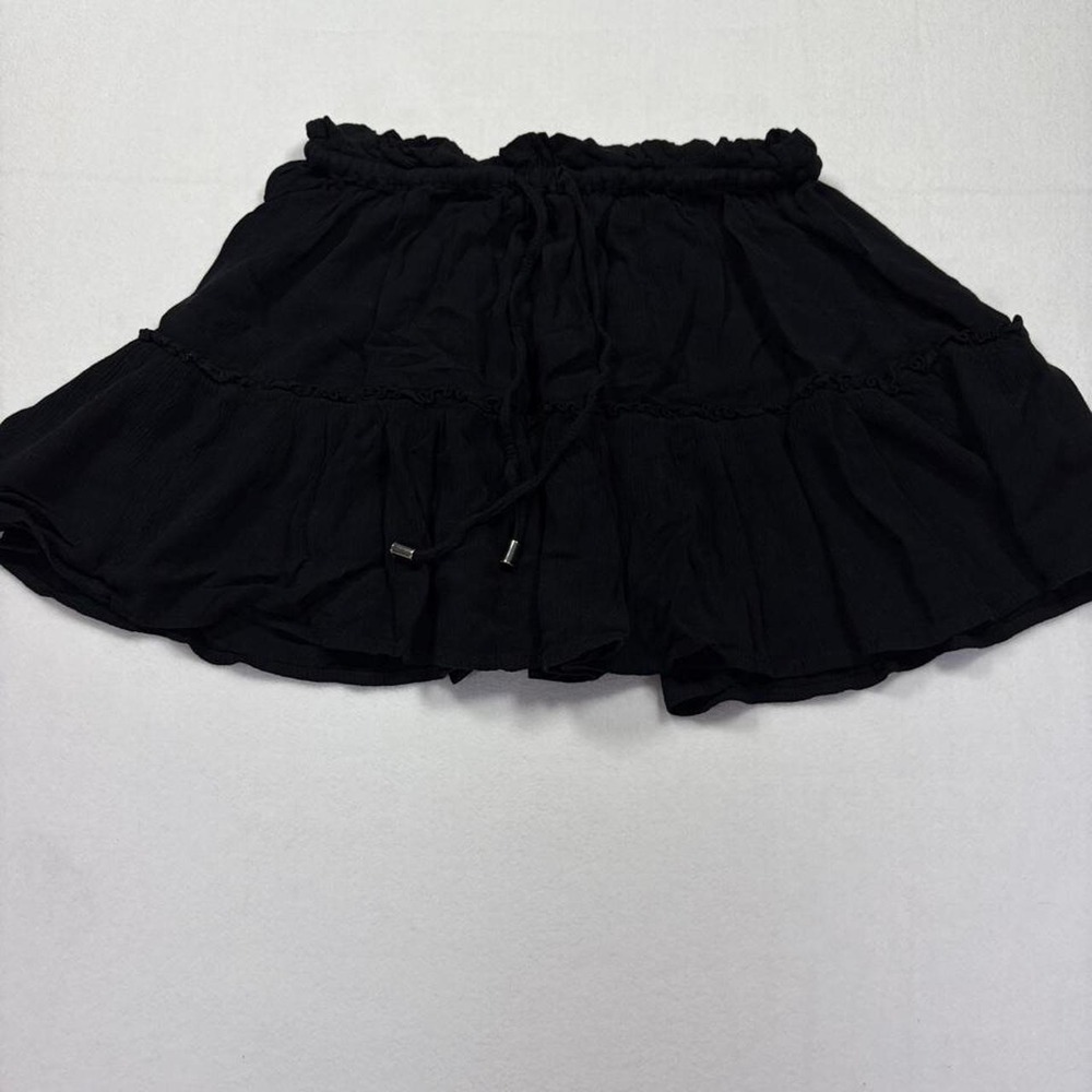 Elan Black Tiered Rayon Mini Skirt Elastic Drawstring Waist Small